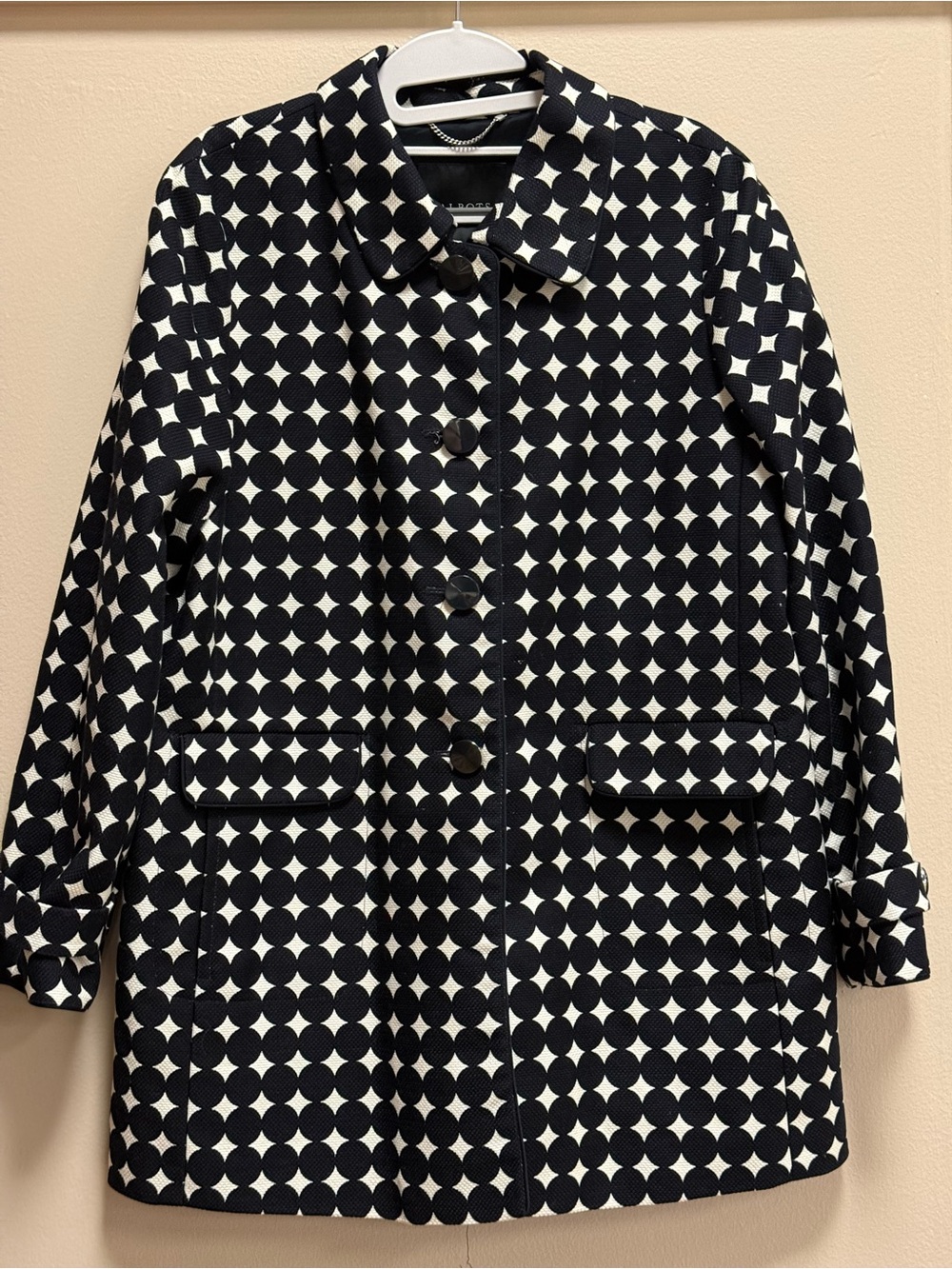 Talbots Petite Geometric Black White Cotton Coat Size 12P Mod Retro Statement